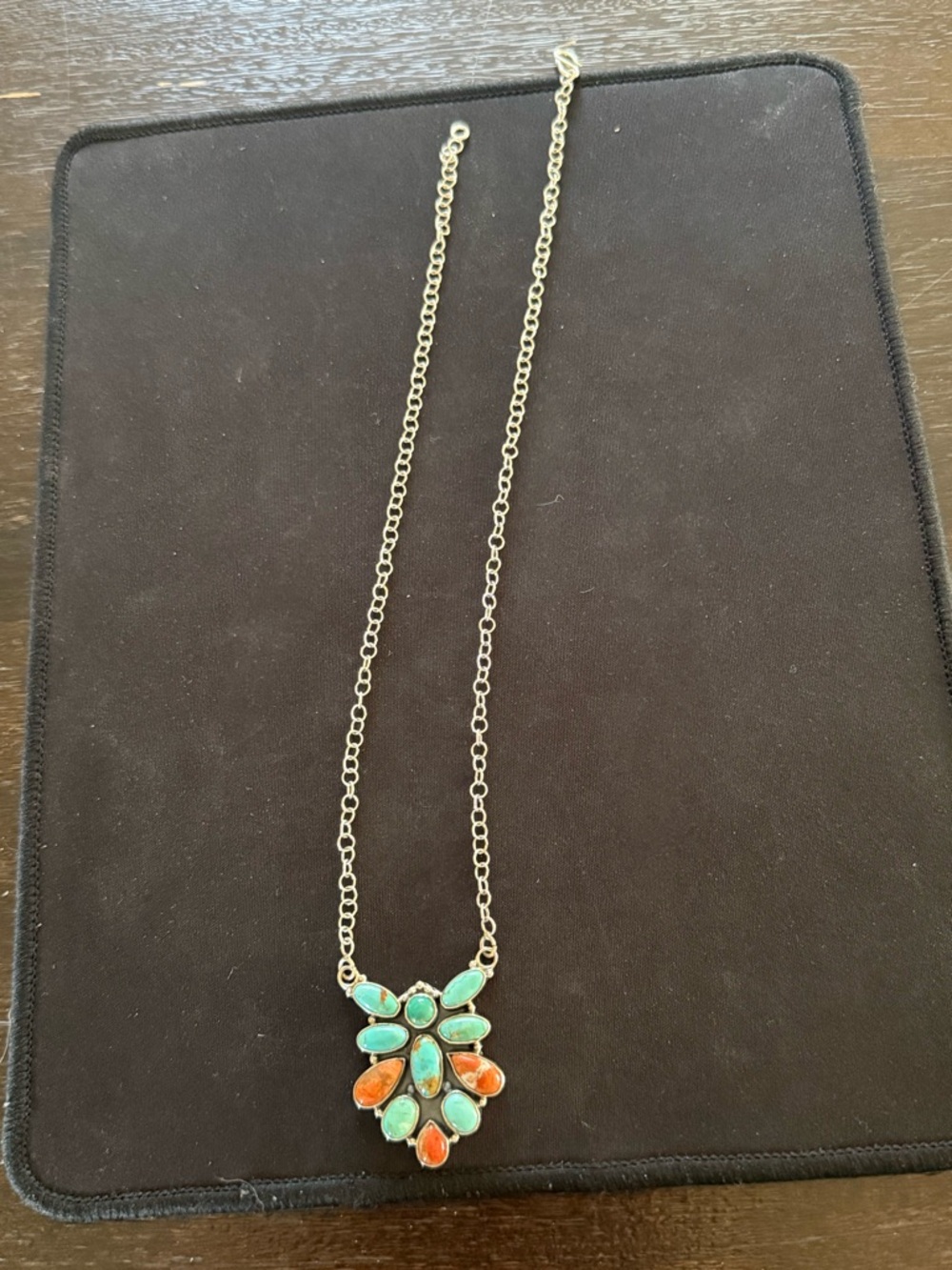 Orange spiny oyster and natural turquoise big handmade necklace. 925 Sterling - Picture 2 of 4